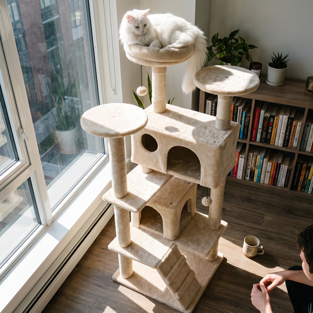 White cat lounging on the top perch of the tall cat tree tower - lifestyle v2