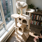 White cat lounging on the top perch of the tall cat tree tower - lifestyle v2