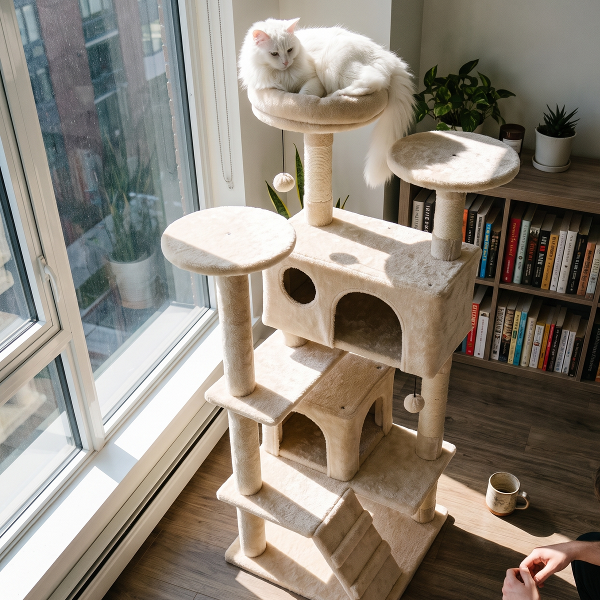 White cat lounging on the top perch of the tall cat tree tower - lifestyle v2