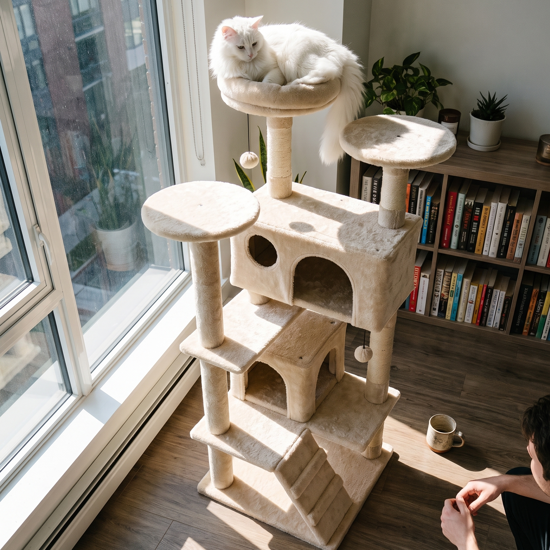 White cat lounging on the top perch of the tall cat tree tower - lifestyle v2