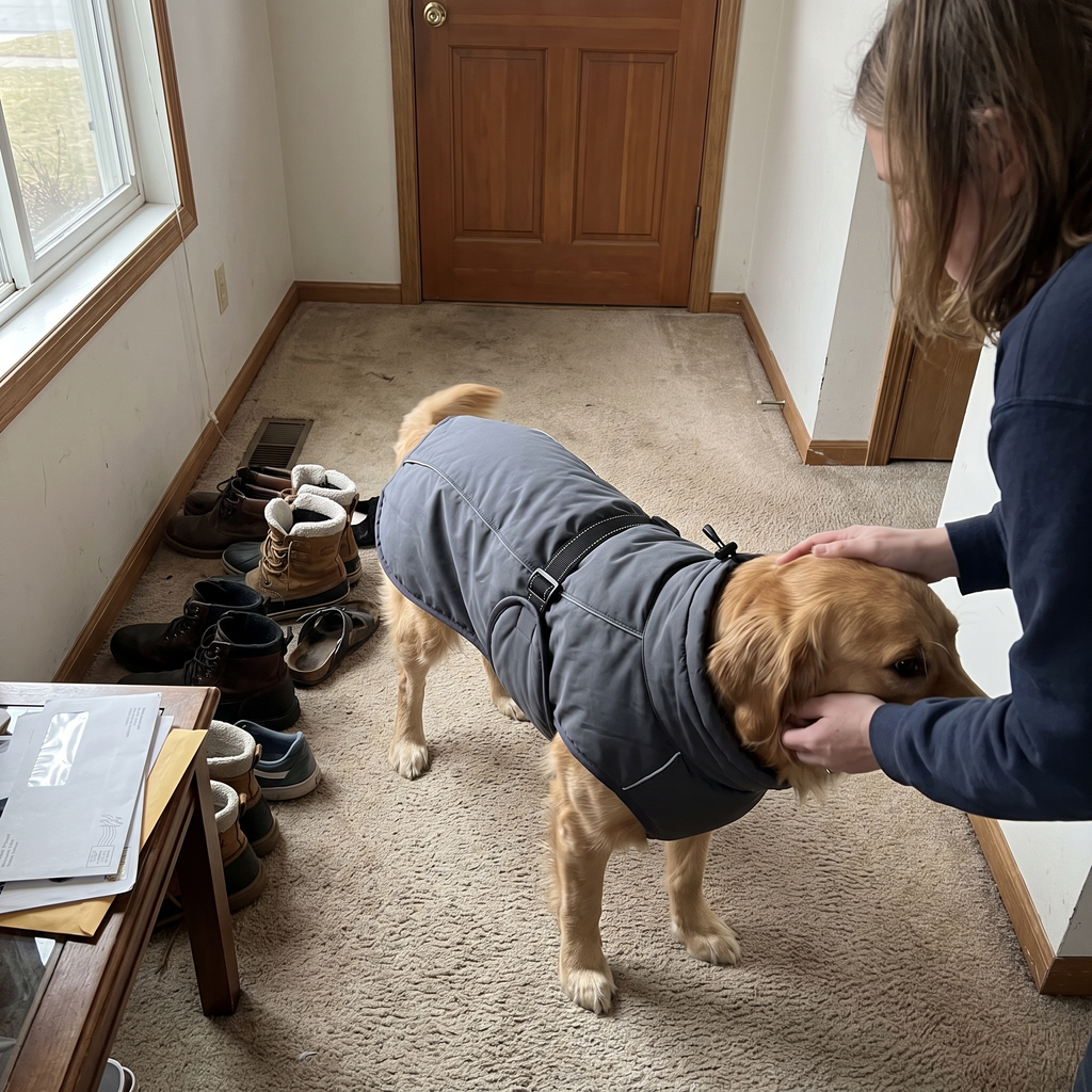 Golden retriever wearing the padded winter vest in a hallway - lifestyle v2
