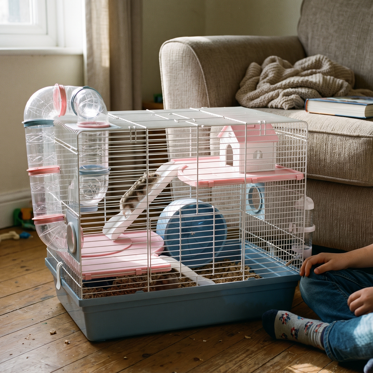 Dwarf hamster climbing inside the 3-tier hamster cage beside a living-room sofa - lifestyle v2
