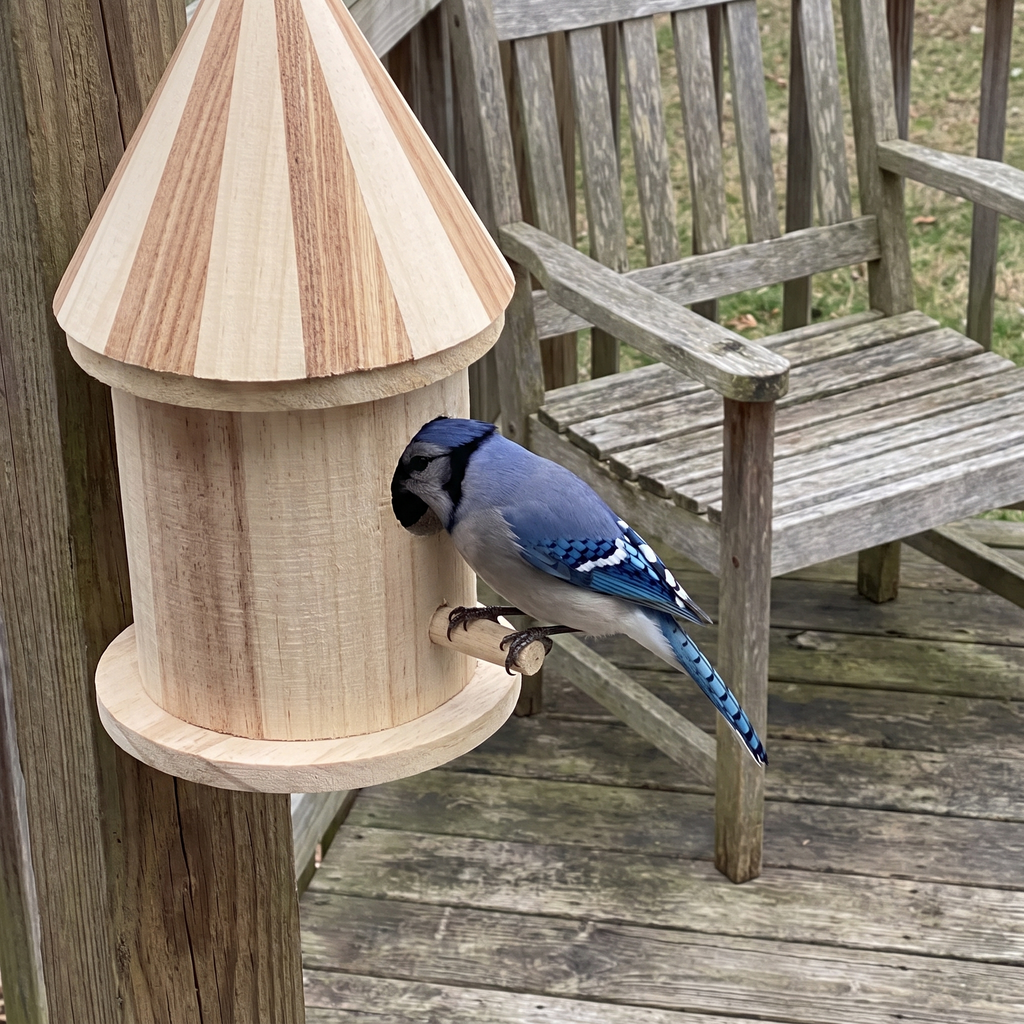 Blue jay perched at the wooden bird house on a garden patio - lifestyle v2