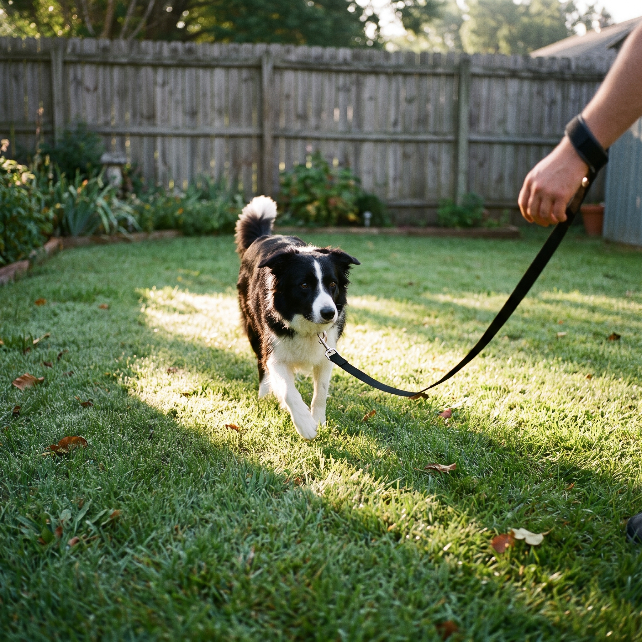 Border collie on the hands-free wrist leash in a backyard - lifestyle v2