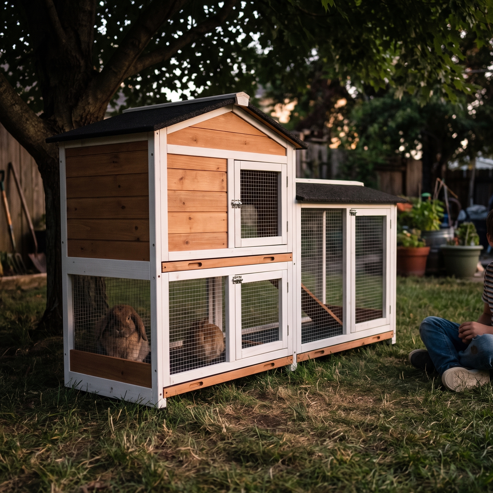 Rabbit in the run of the outdoor wooden hutch under a tree - lifestyle v2