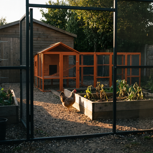 Hen inside the walk-in chicken run beside a vegetable bed - lifestyle v2