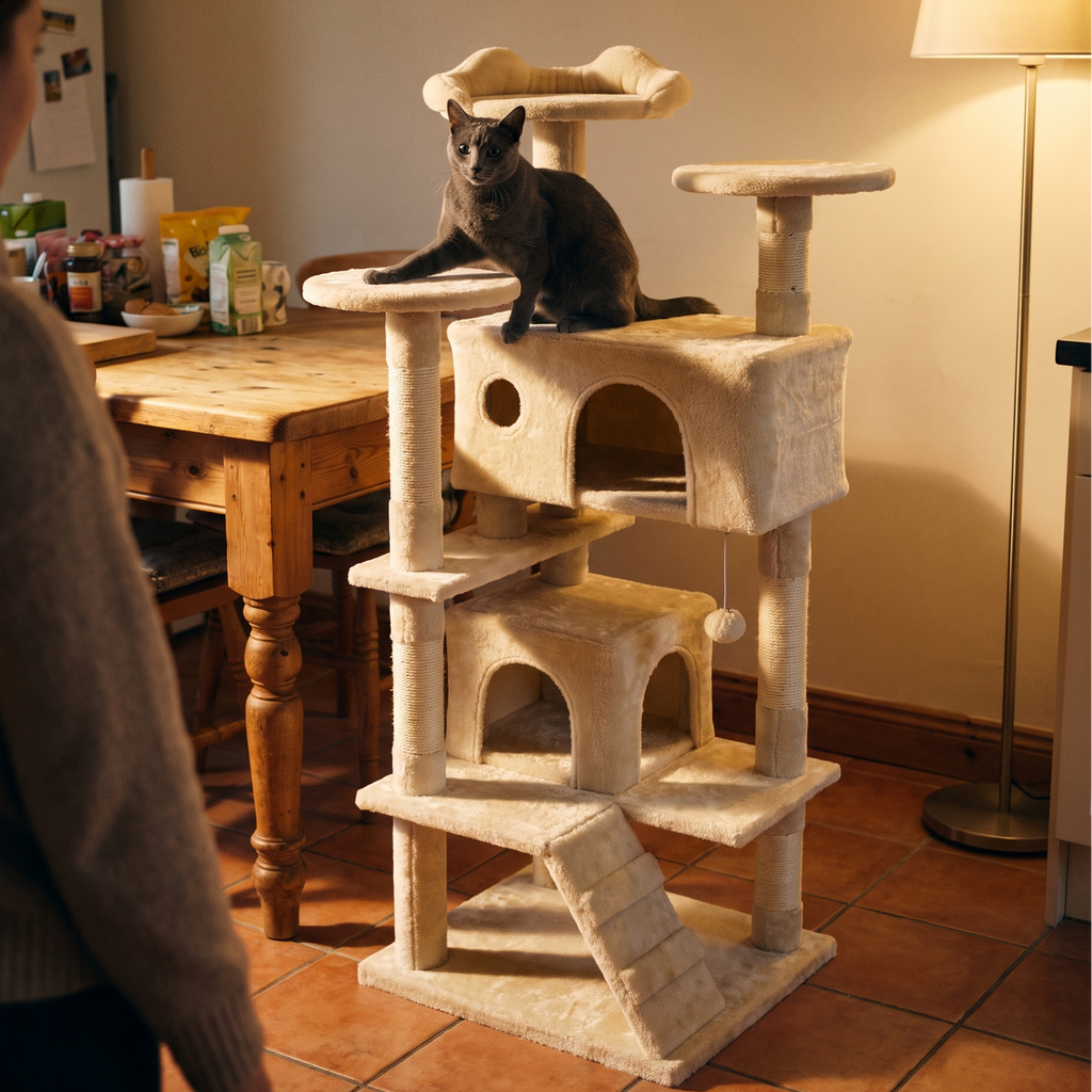 Russian blue cat perched on the multi-level cat tree tower at home - lifestyle v2