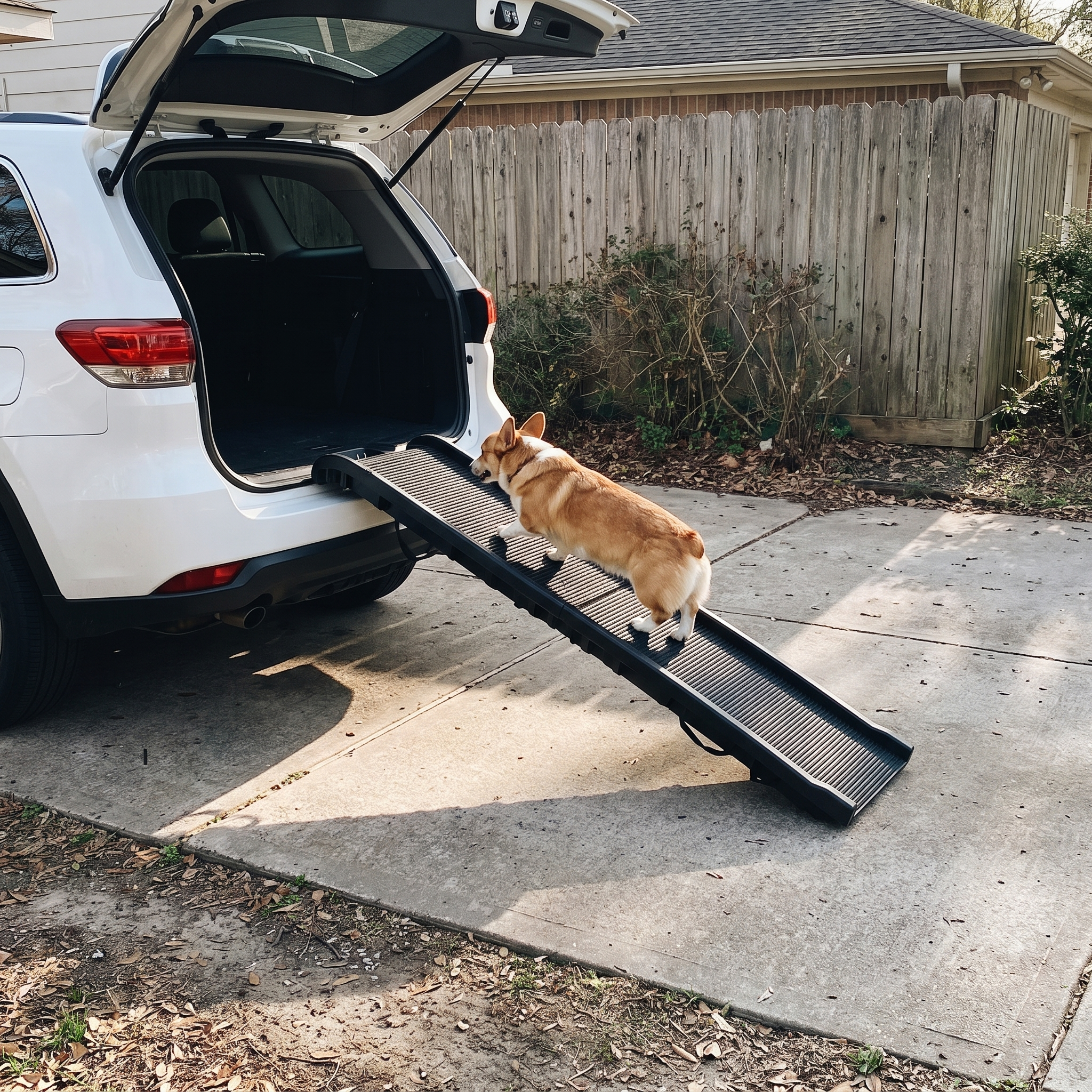 Corgi walking up the folding dog ramp into an SUV - lifestyle v2
