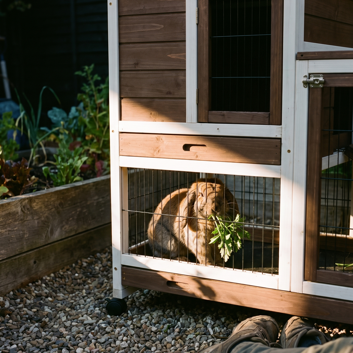Lop-eared rabbit eating greens in the brown elevated hutch run beside a vegetable bed - lifestyle v2