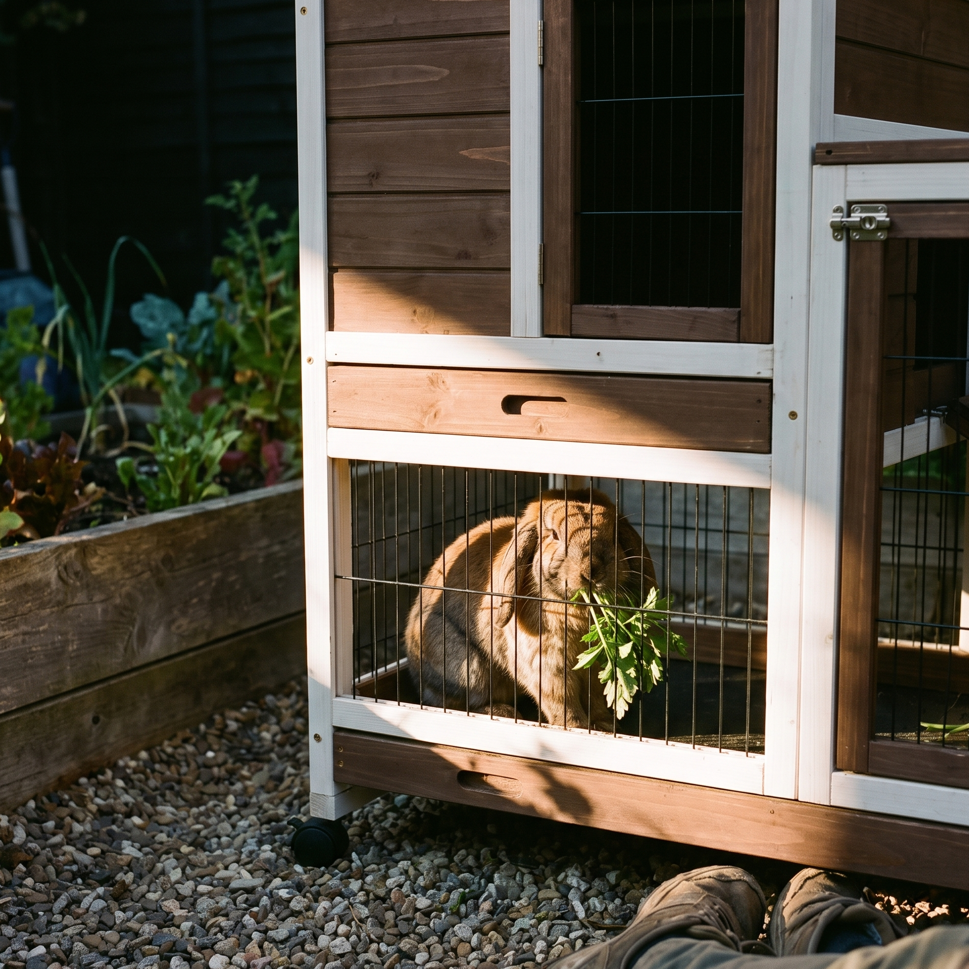 Lop-eared rabbit eating greens in the brown elevated hutch run beside a vegetable bed - lifestyle v2