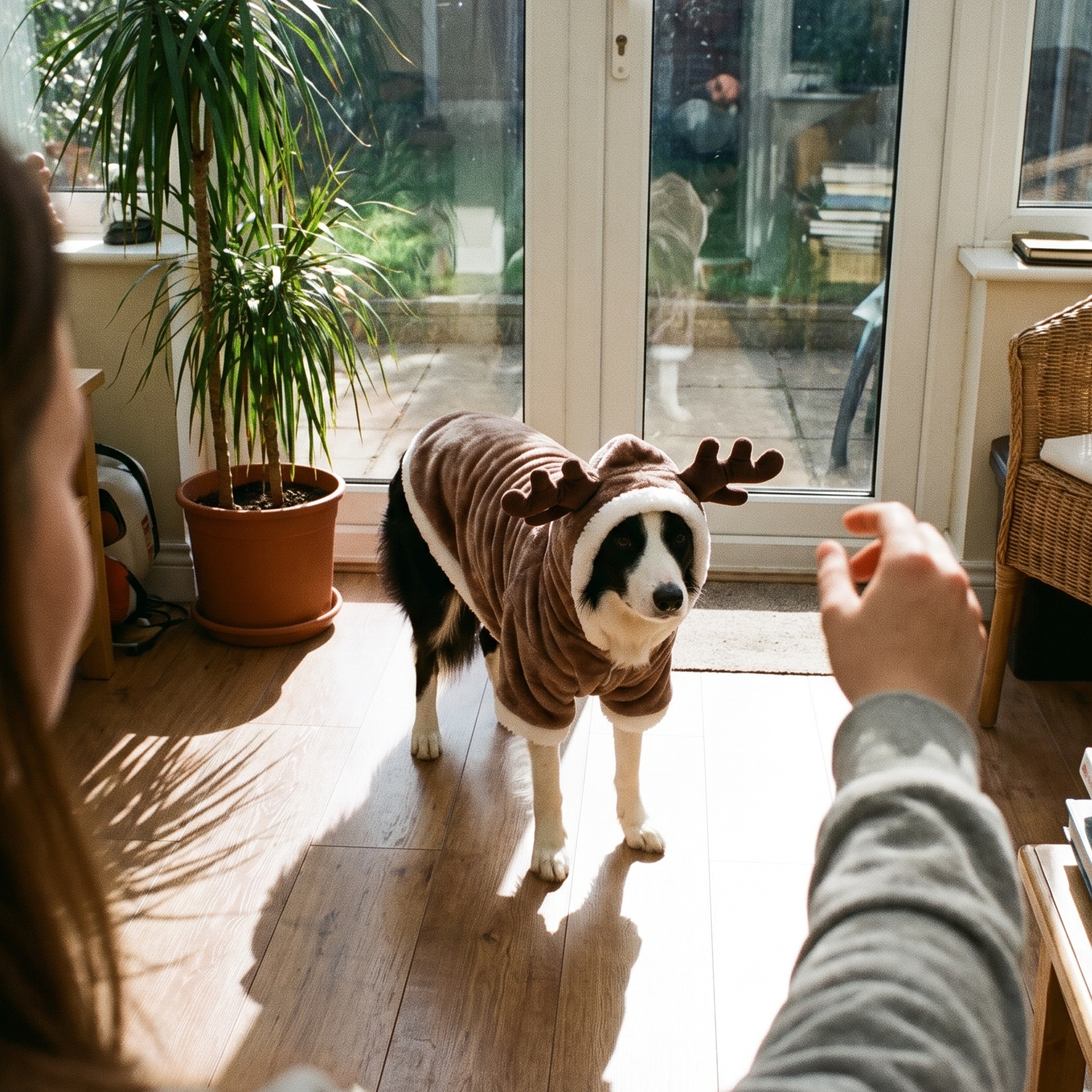 Border collie wearing the velvet Christmas sweater in a sunroom - lifestyle v2