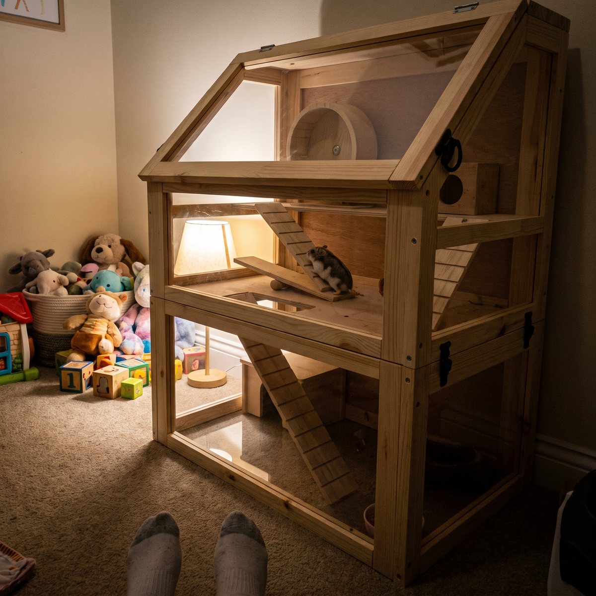 Hamster on a ramp in the 3-tier wooden cage in a bedroom - lifestyle v2