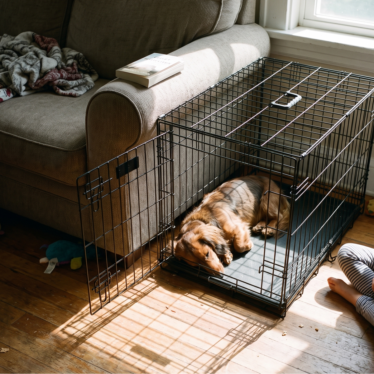 Dachshund resting inside the folding wire crate beside the sofa - lifestyle v2
