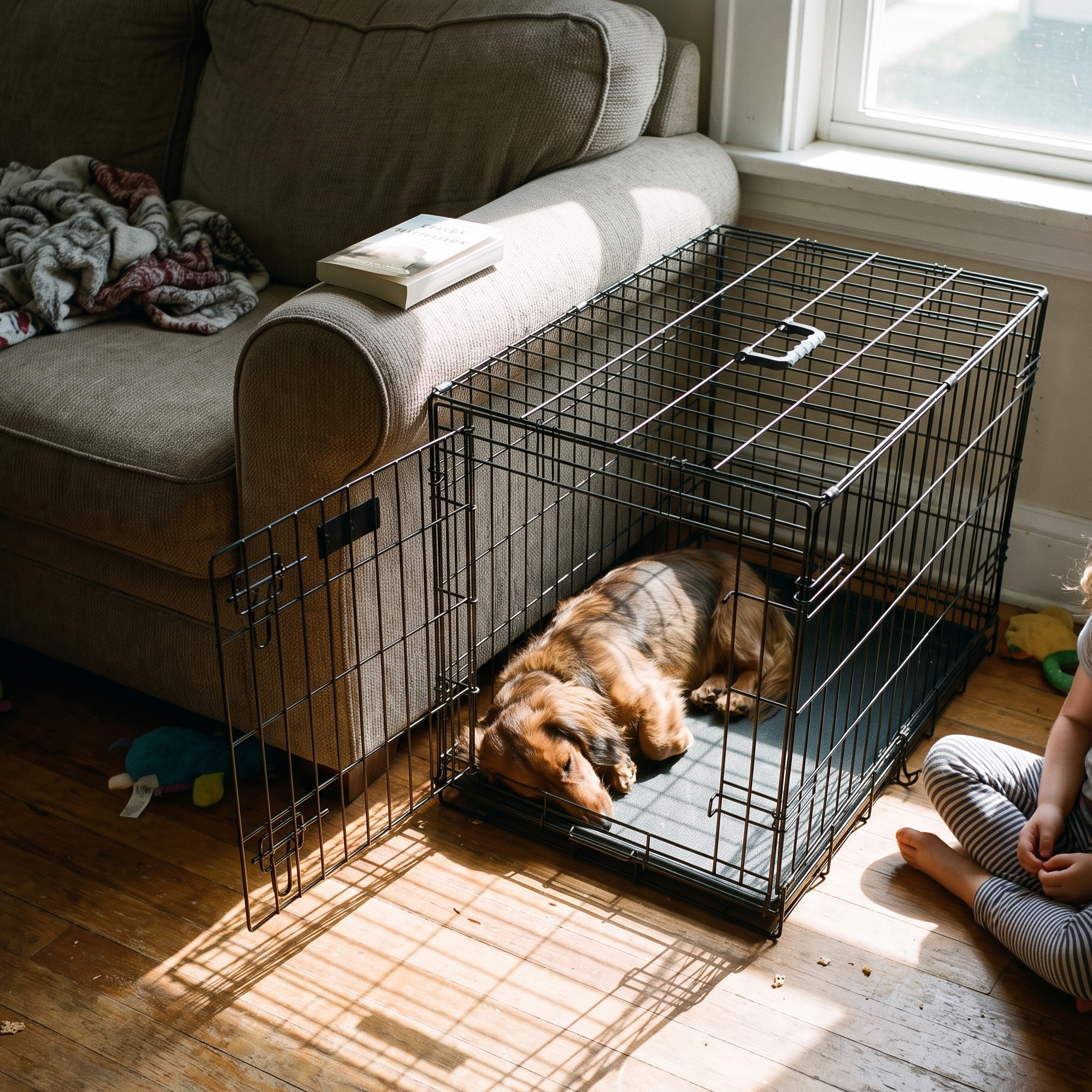 Dachshund resting inside the folding wire crate beside the sofa - lifestyle v2