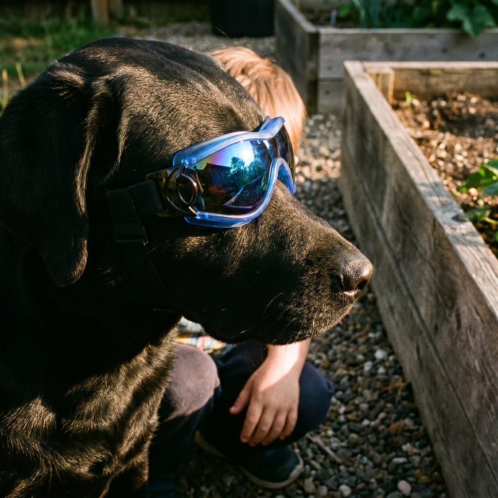 Black labrador wearing the UV dog goggles on a garden path - lifestyle v2