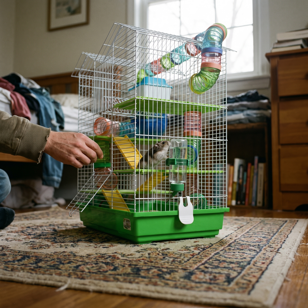 Dwarf hamster drinking from the bottle in the 5-tier hamster cage in a bedroom - lifestyle v2