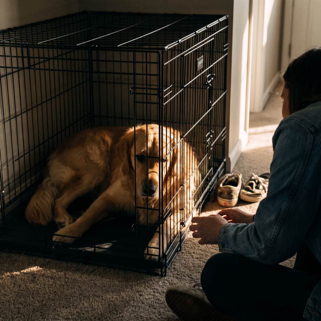 Golden retriever resting in the folding wire dog crate in a hallway - lifestyle v2