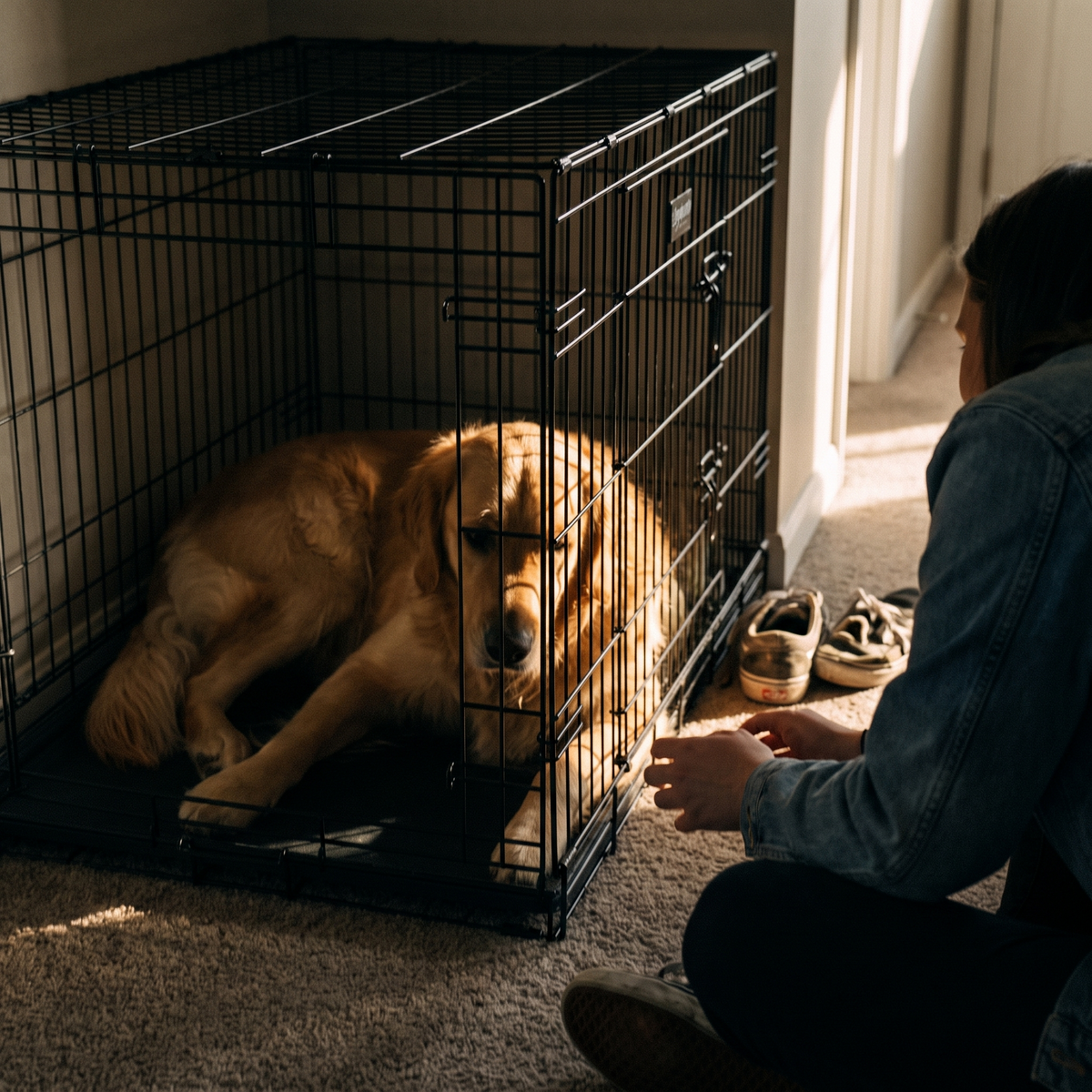 Golden retriever resting in the folding wire dog crate in a hallway - lifestyle v2