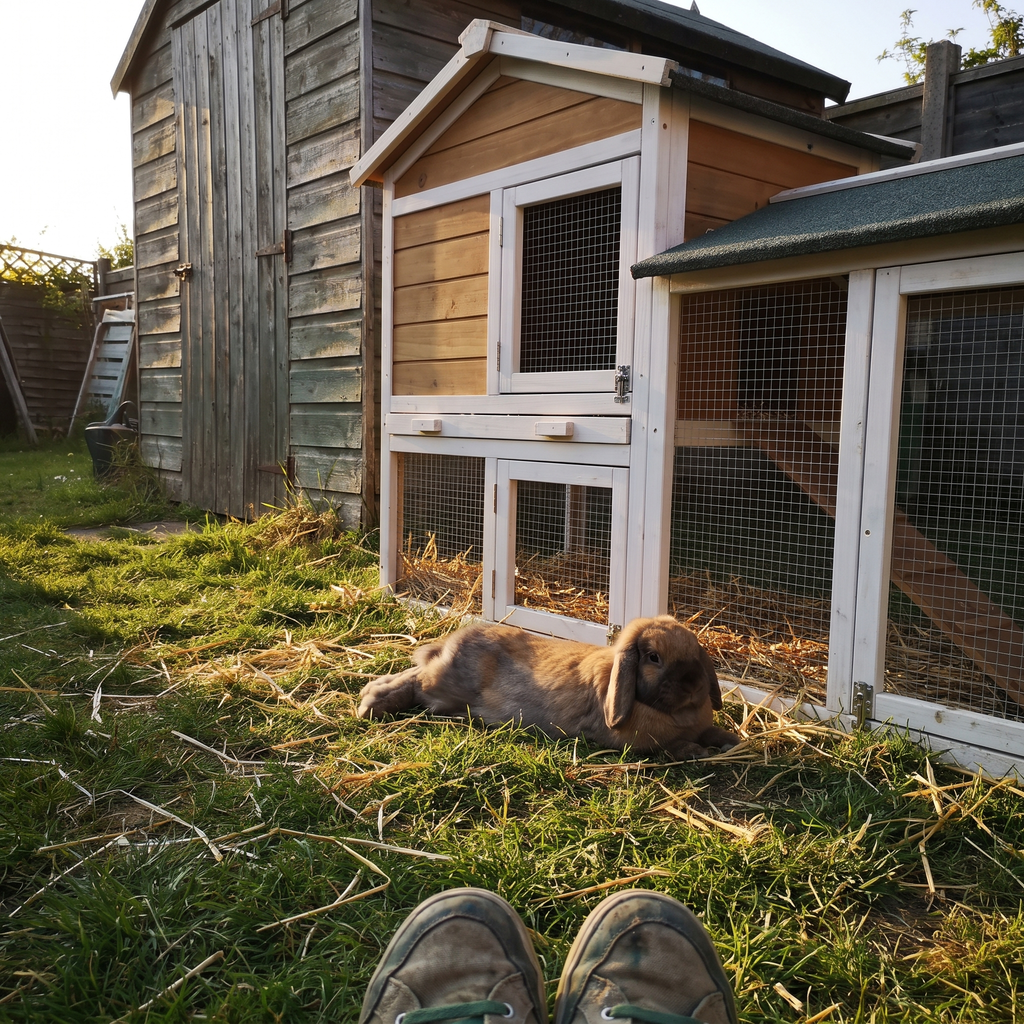 Lop-eared rabbit lies on the backyard grass outside the wooden outdoor hutch and run.