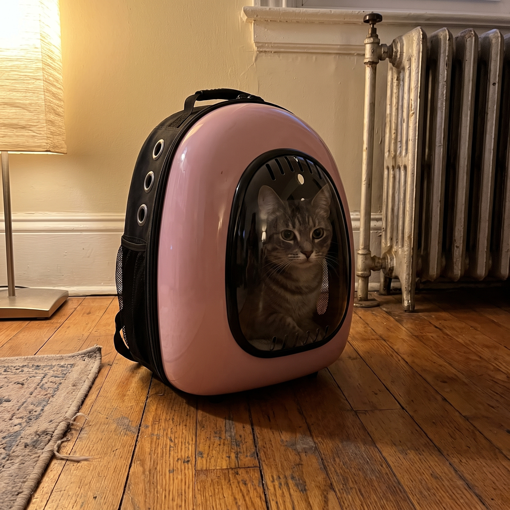 Grey tabby cat inside the bubble cat backpack on a living room floor - lifestyle v2