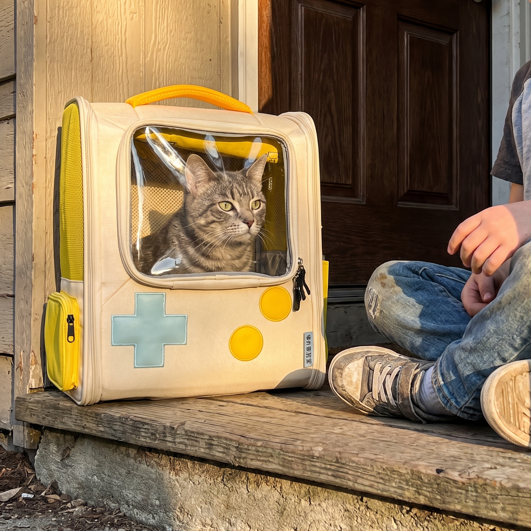 Grey tabby cat inside the retro console backpack carrier on a porch step - lifestyle v2