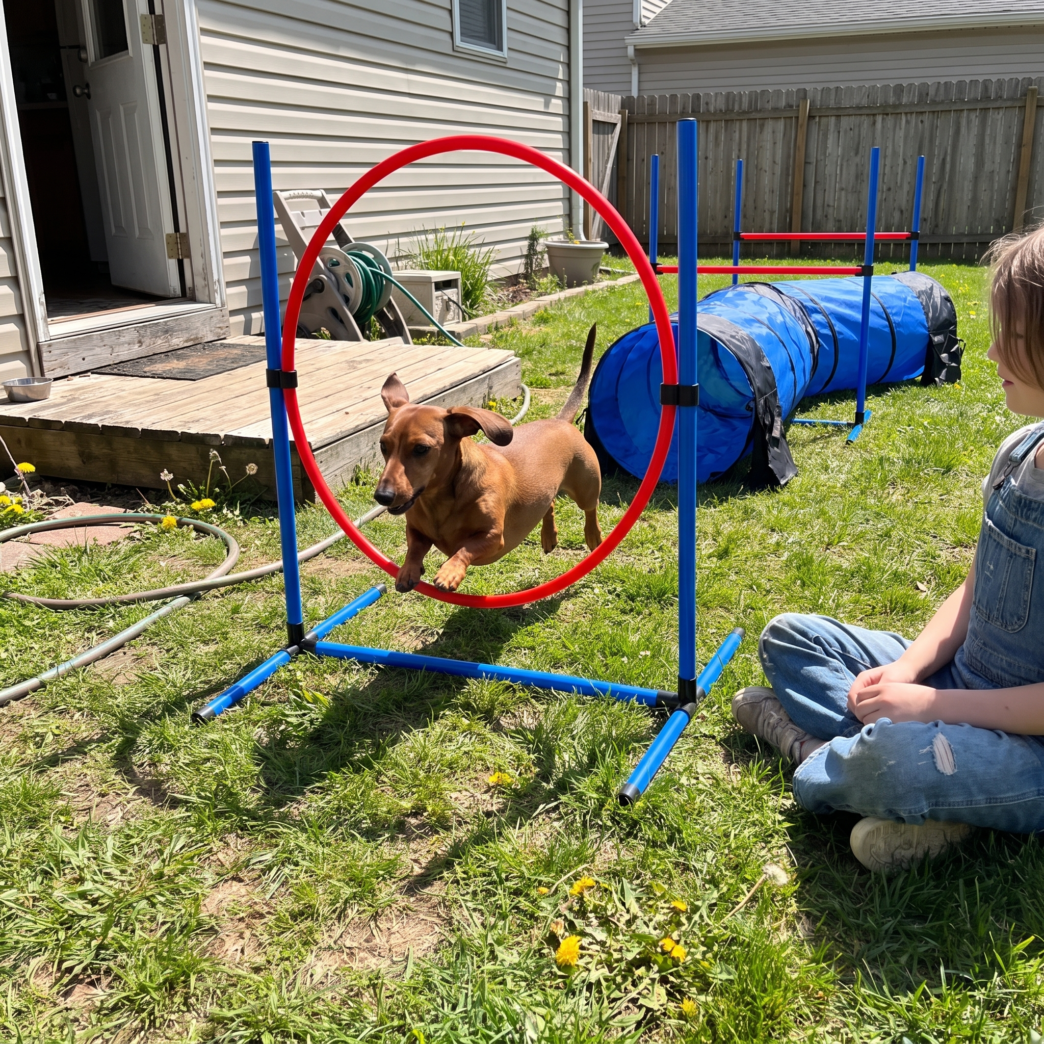 Dachshund leaping through the jump ring of the backyard dog agility course set - lifestyle v2