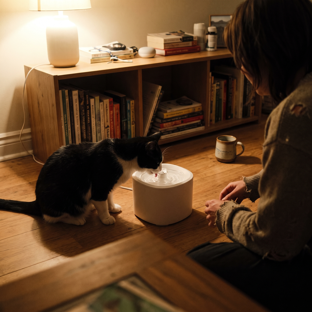 Tuxedo cat drinking from the pet water fountain in a living room - lifestyle v2