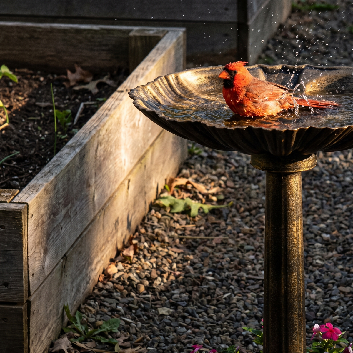 Cardinal bathing in the antique pedestal bird bath in a garden - lifestyle v2