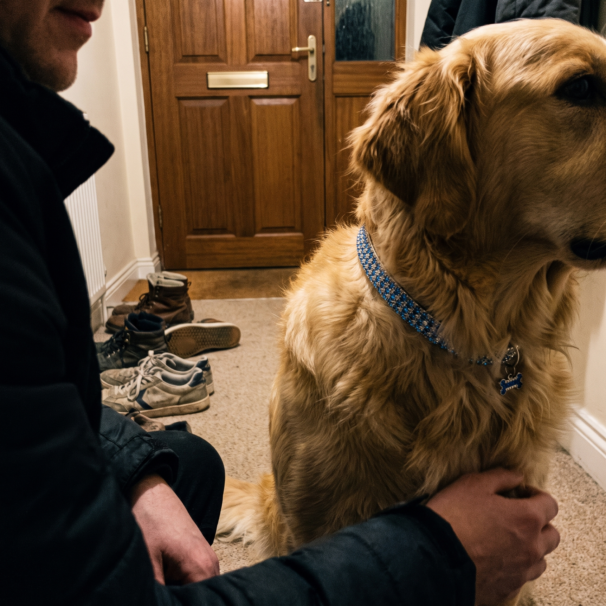 Golden retriever wearing the alloy collar charm necklace in a hallway - lifestyle v2
