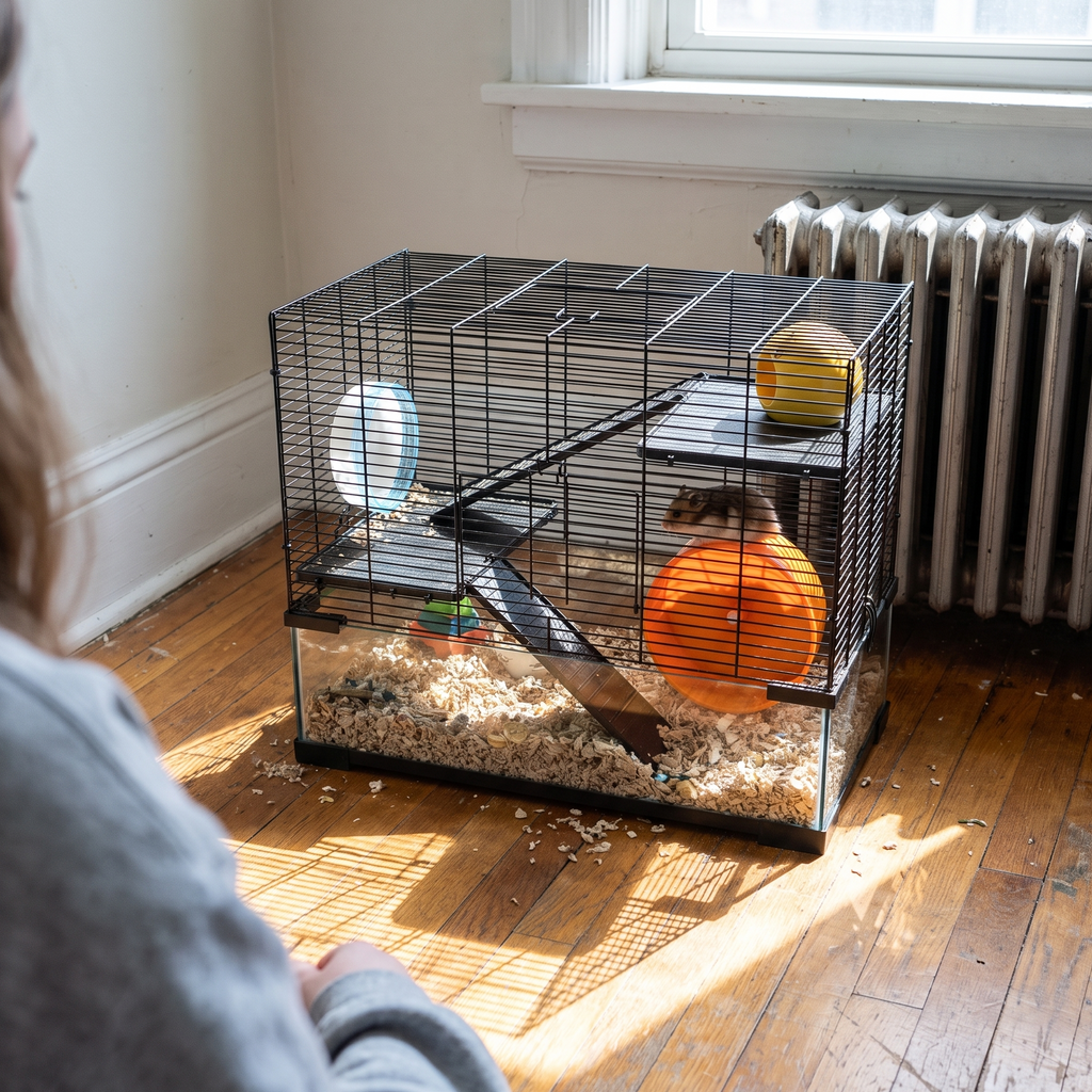 Dwarf hamster on the wheel inside the glass-base cage at home - lifestyle v2