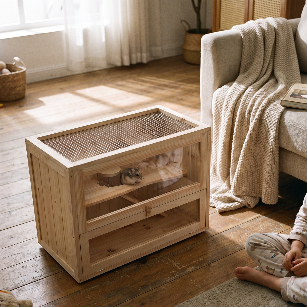 Hamster on the shelf of the 2-level wooden cage by the sofa - lifestyle v2