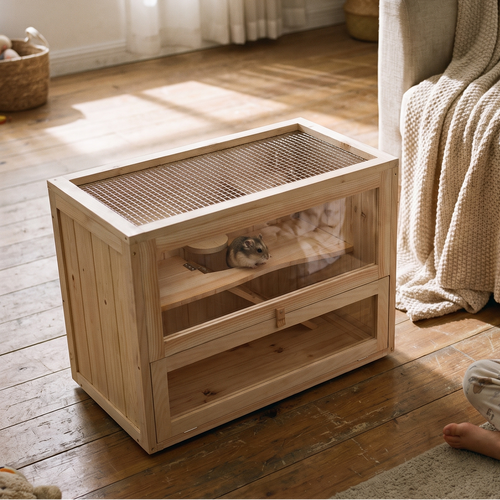 Hamster on the shelf of the 2-level wooden cage by the sofa - lifestyle v2