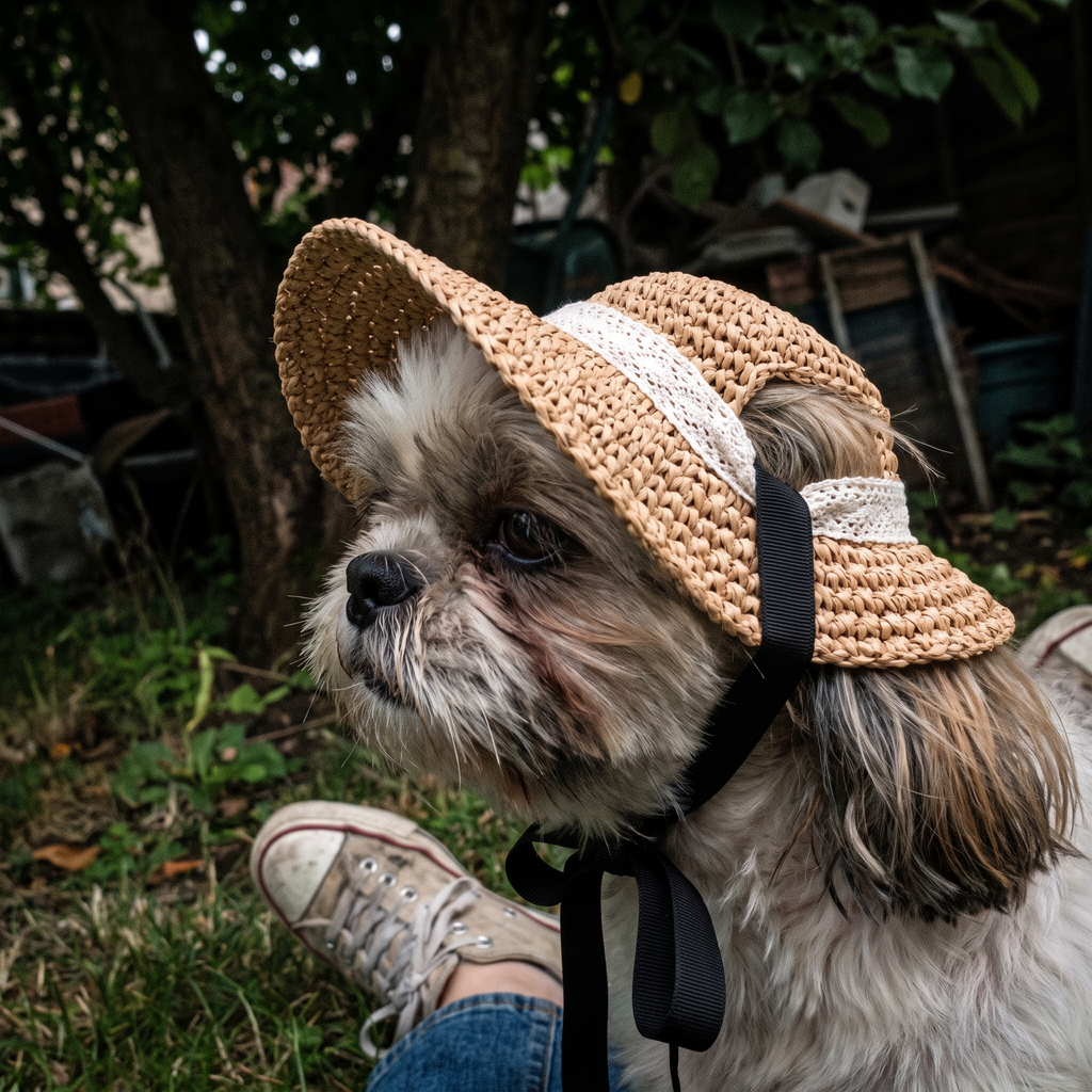 Shih tzu wearing the straw sun hat in a shaded garden - lifestyle v2
