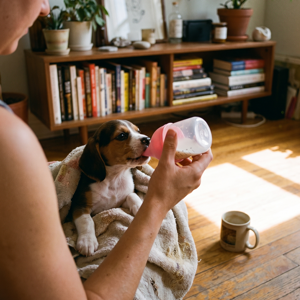 Hands feeding a beagle puppy with the silicone nursing bottle - lifestyle v2