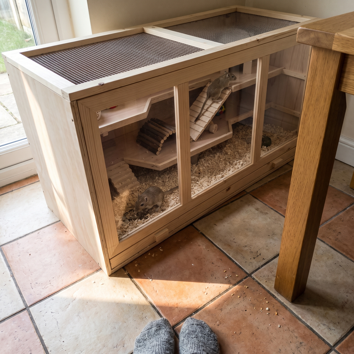 Gerbils climbing the ramps inside the wooden multi-level cage - lifestyle v2