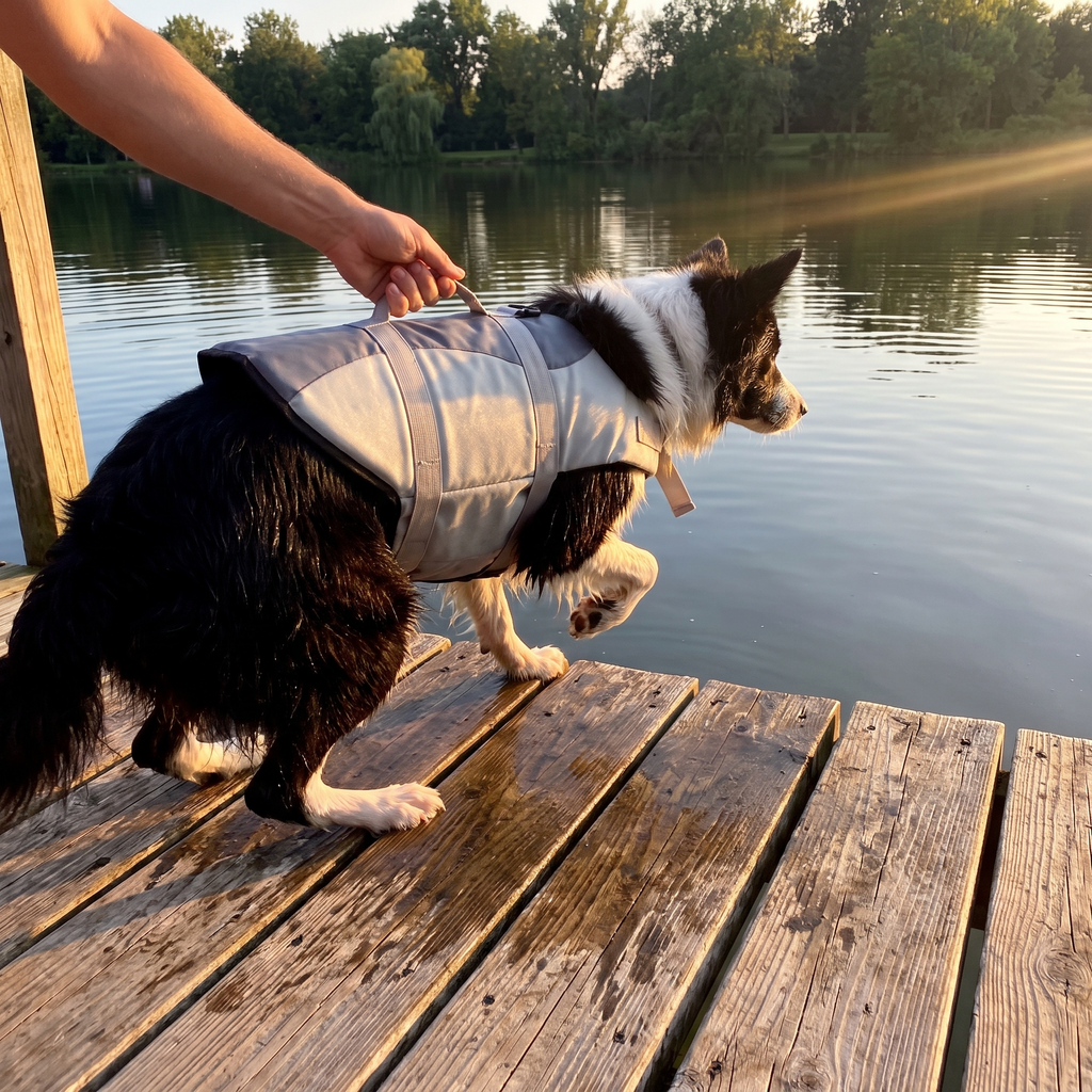 Dog wearing the life jacket on a lake dock - lifestyle v2