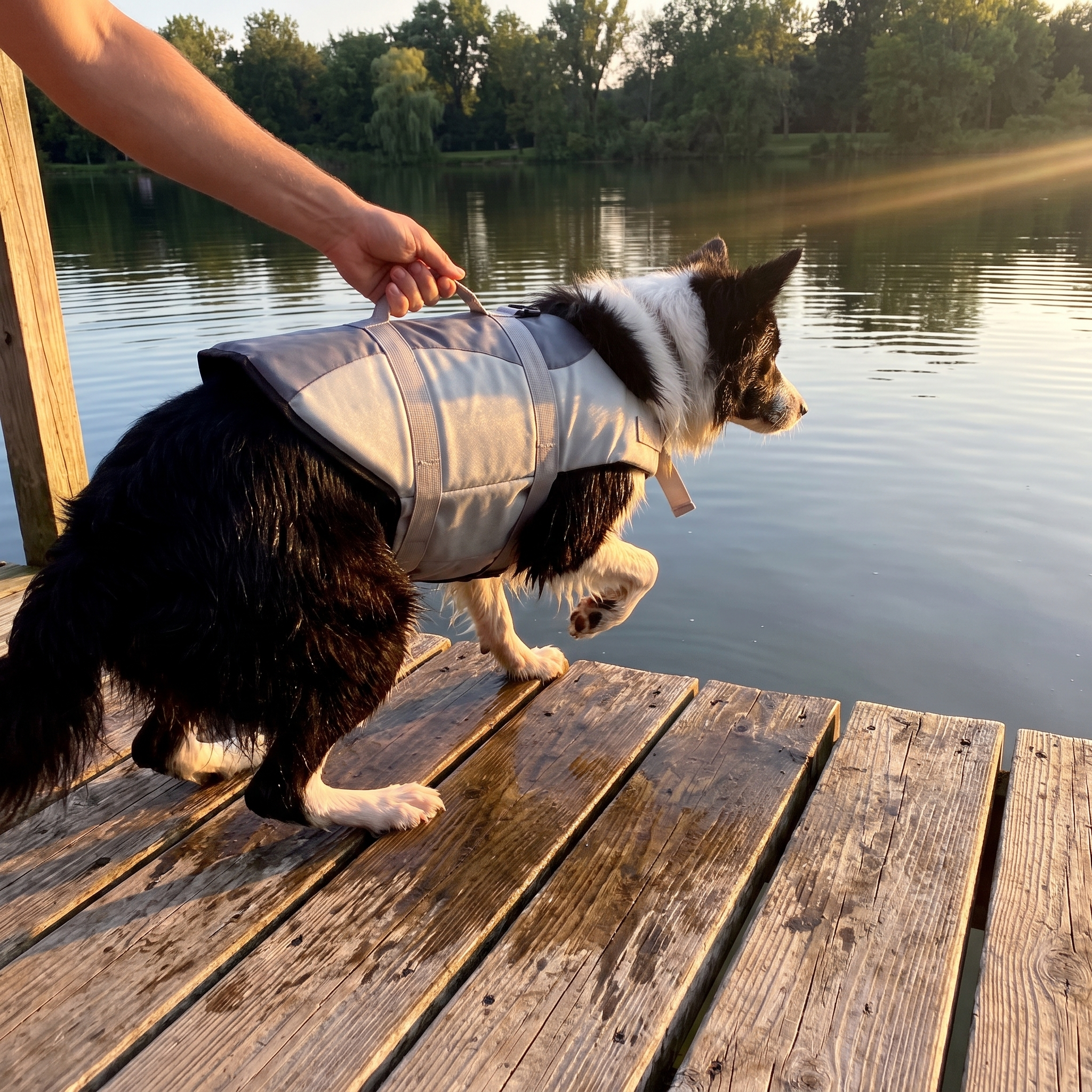 Dog wearing the life jacket on a lake dock - lifestyle v2