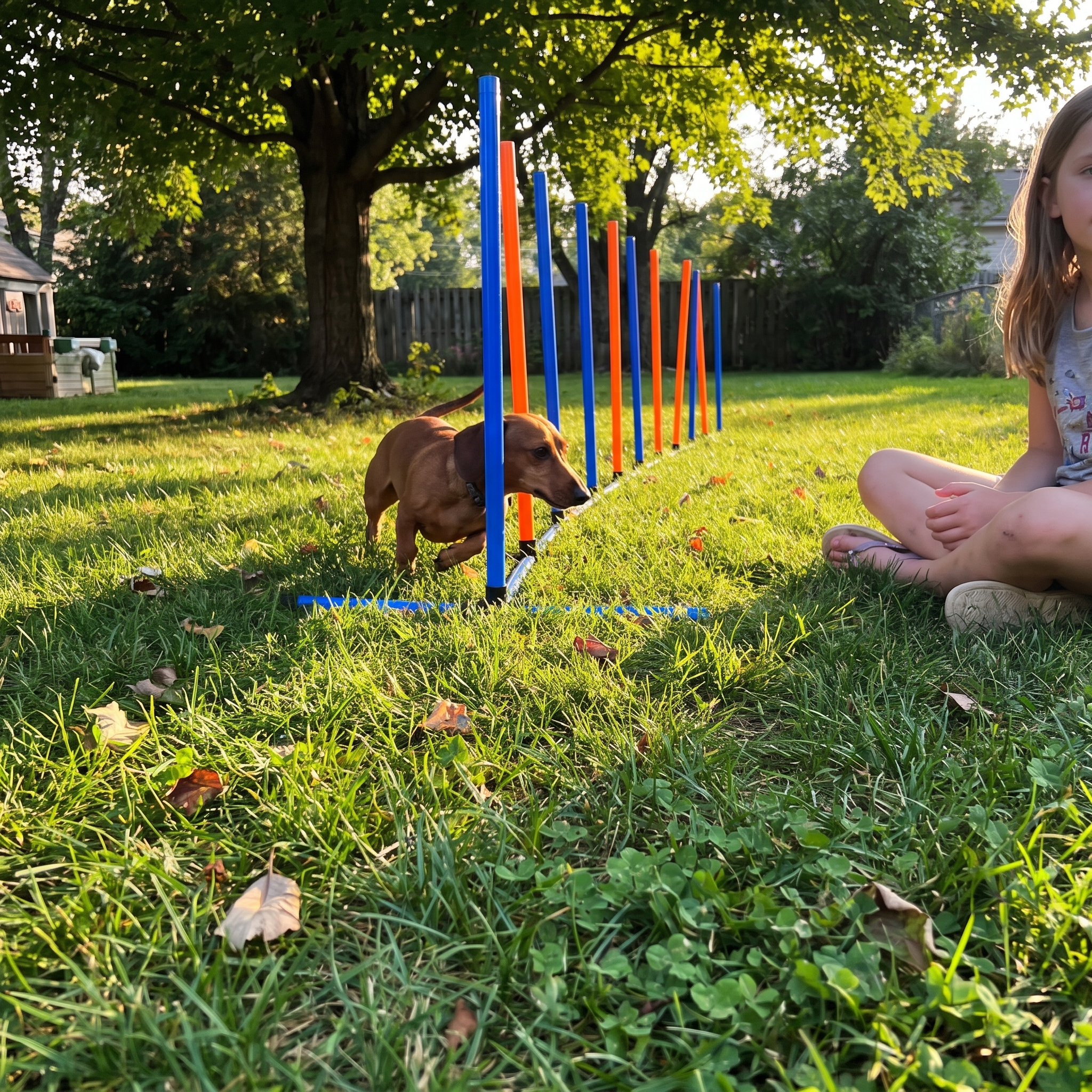 Dachshund weaving through the agility slalom poles in a backyard - lifestyle v2