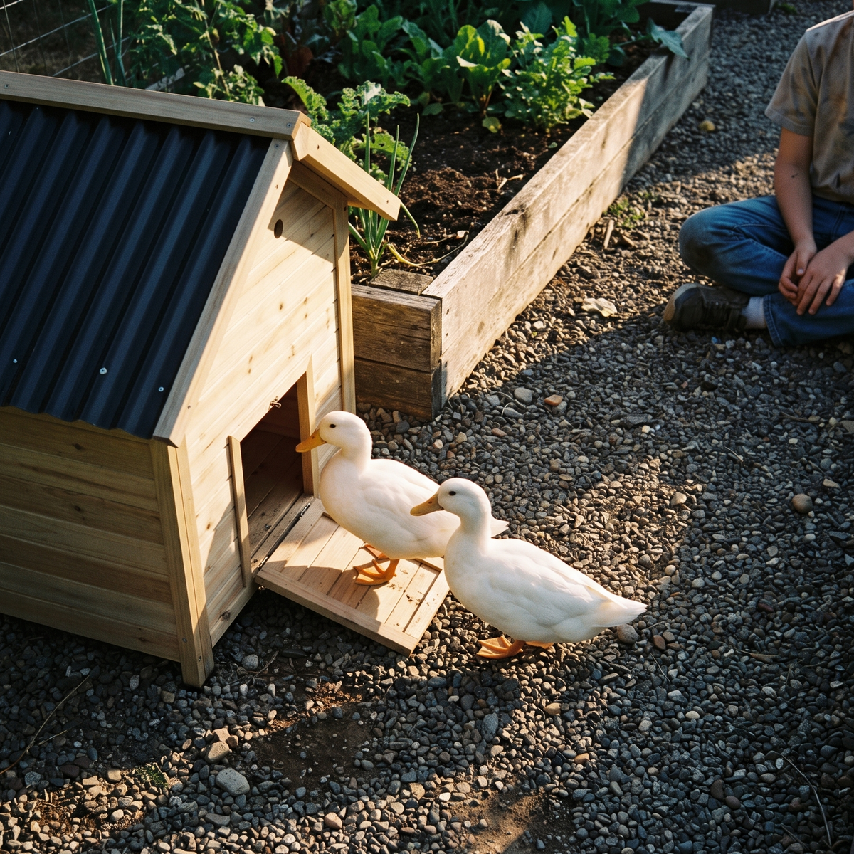 Ducks walking up the ramp of the wooden duck house in a garden - lifestyle v2