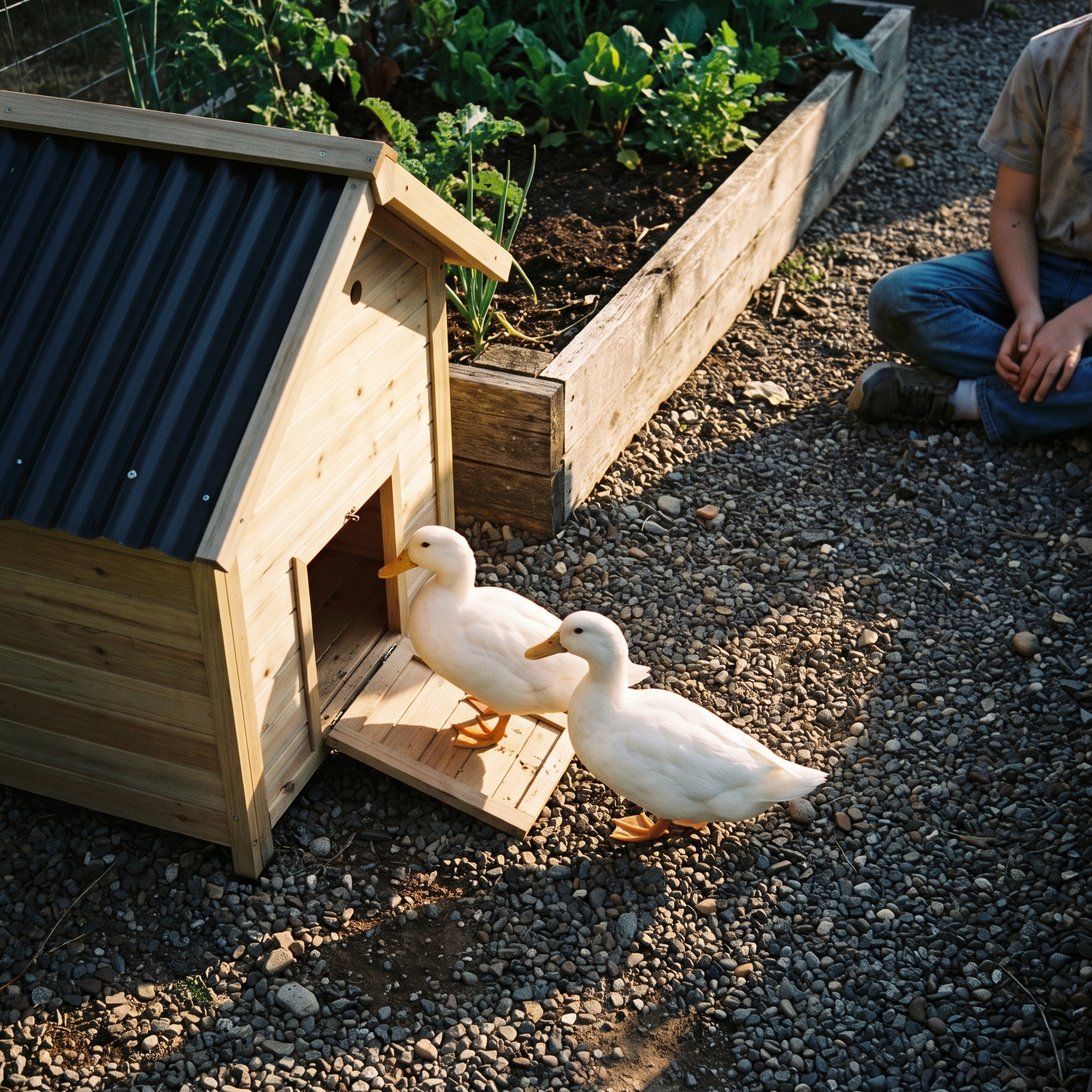 Ducks walking up the ramp of the wooden duck house in a garden - lifestyle v2