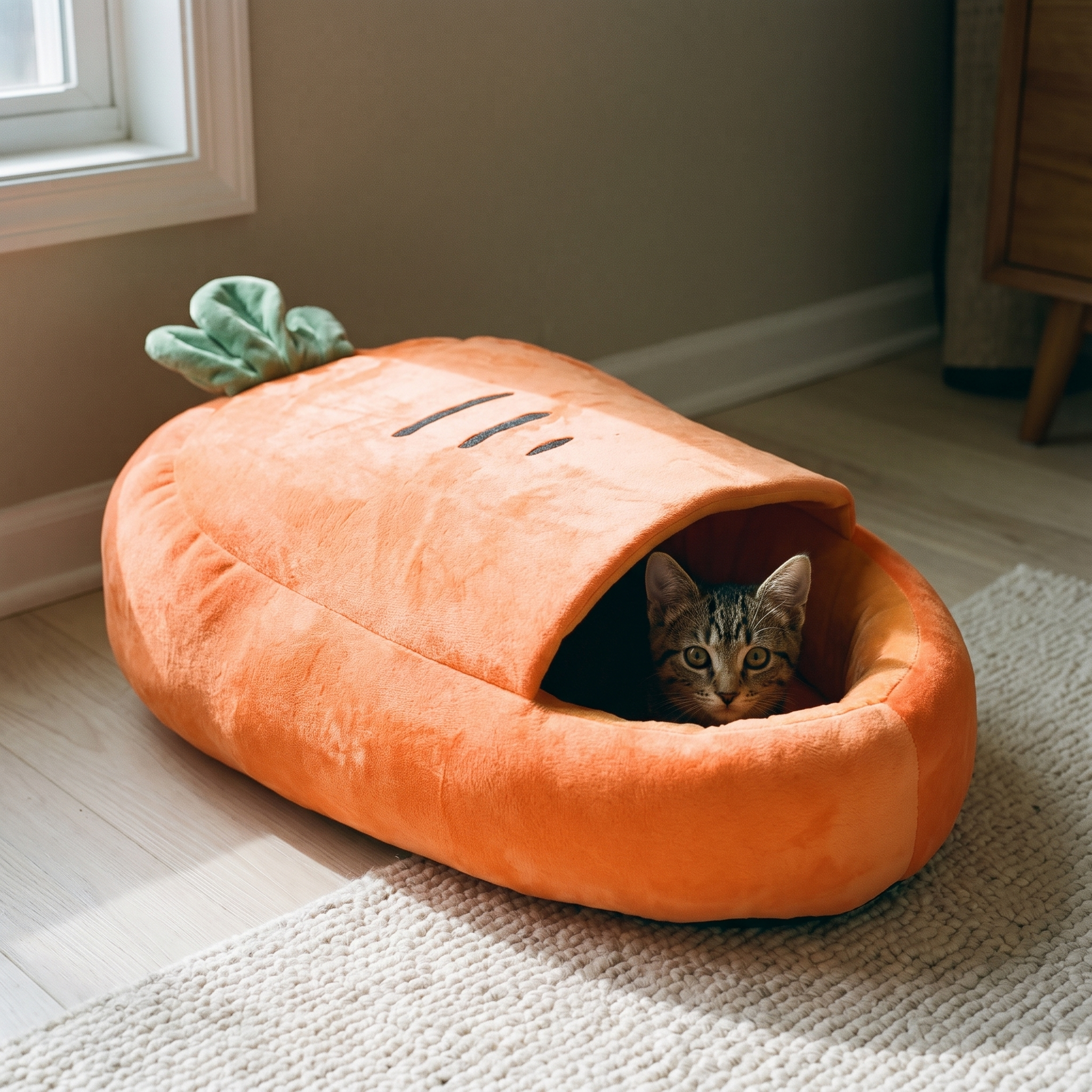 Orange carrot-shaped plush cat burrow bed in a living room with a kitten peeking out - wrenwood hero