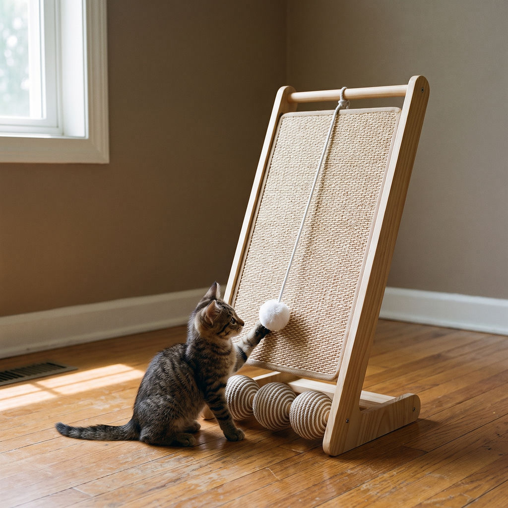 Vertical wooden-frame sisal cat scratching post with teaser ball in a living room - wrenwood hero