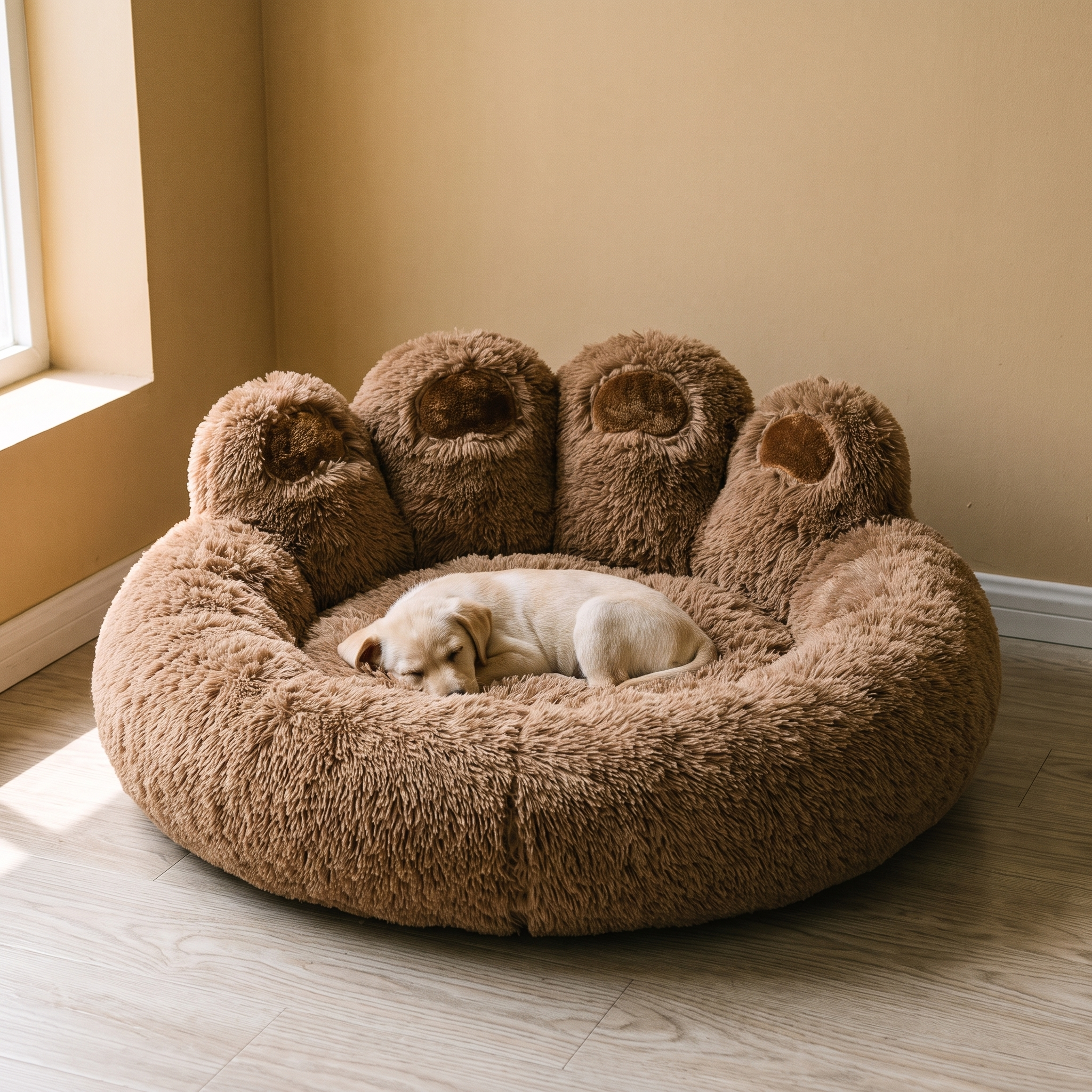 Brown paw-shaped plush fleece pet cuddler bed in a living room - wrenwood hero