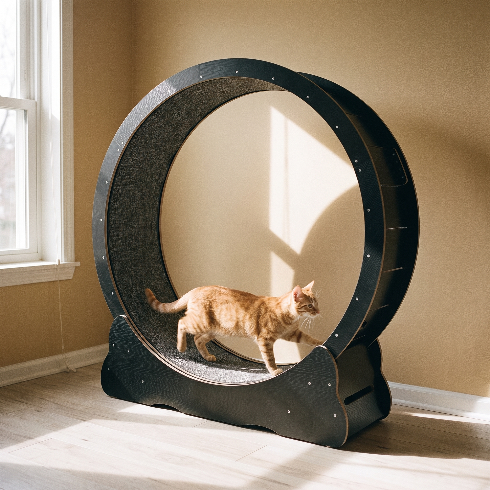 Black 43 inch cat exercise wheel with a cat running inside, in a sunlit room - wrenwood hero