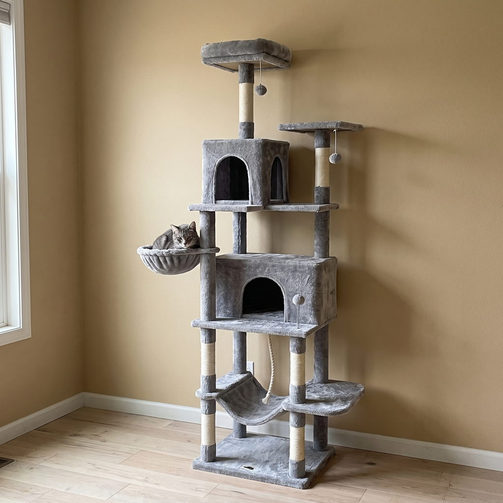 Tall grey multi-level cat tree tower with condos and sisal posts in a living room - wrenwood hero