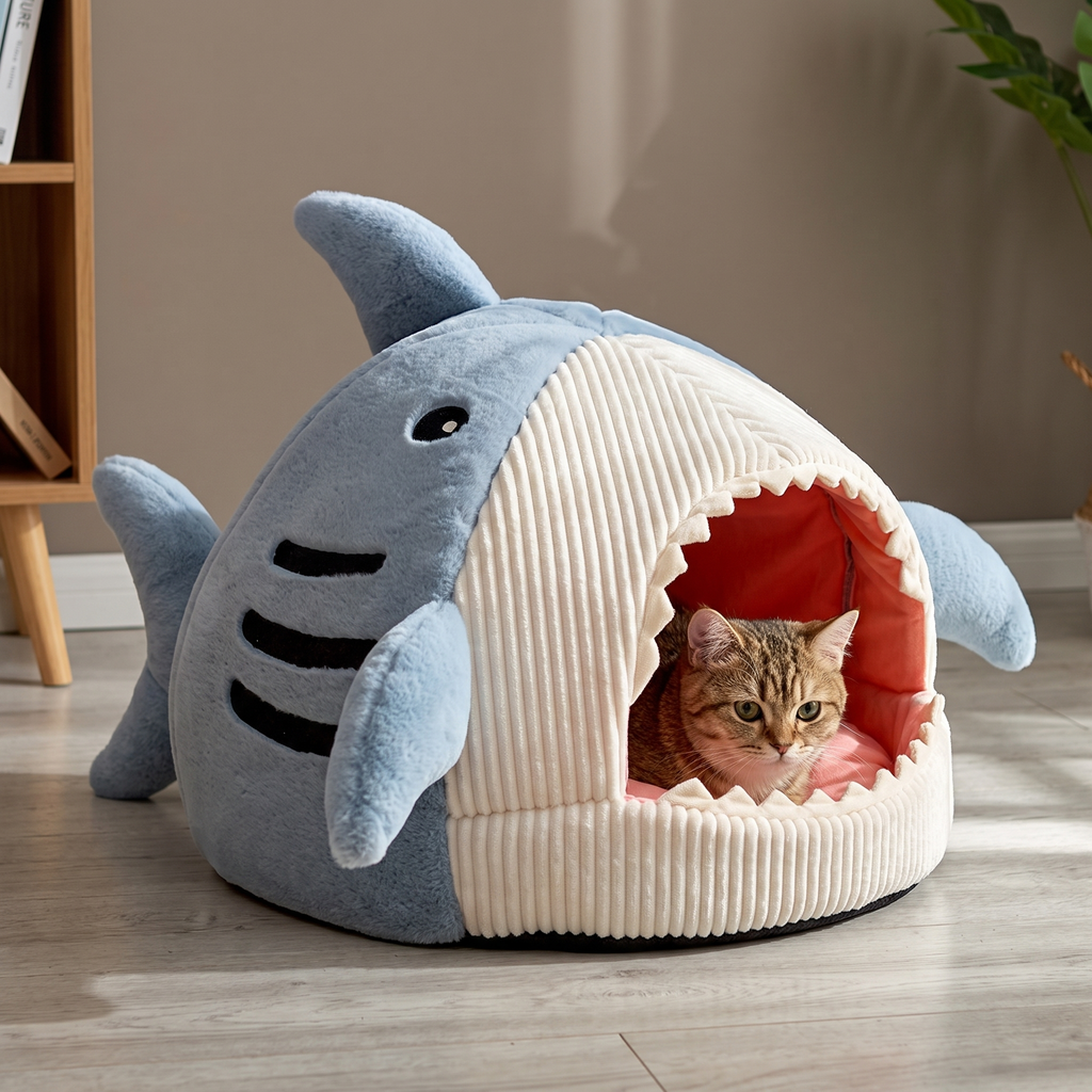 Plush shark-shaped cat cave bed on a wood floor with a cat inside the opening - wrenwood hero