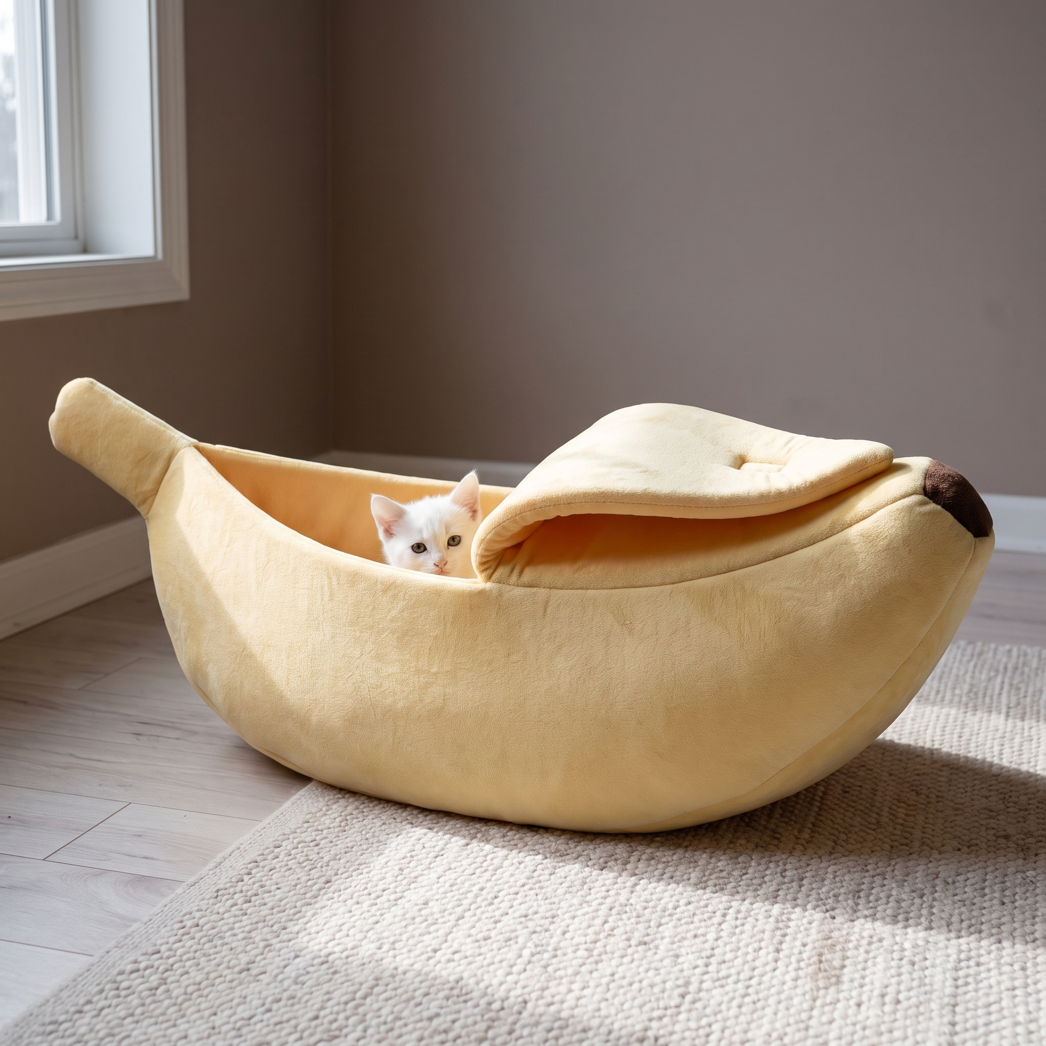 Yellow banana-shaped plush pet cuddler bed in a bedroom with a kitten nestled inside - wrenwood hero