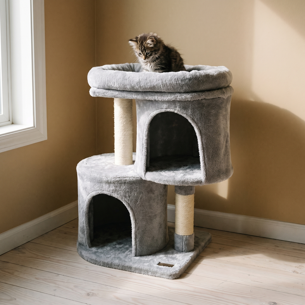 Compact grey cat tree with two condos and sisal posts in a bedroom corner - wrenwood hero