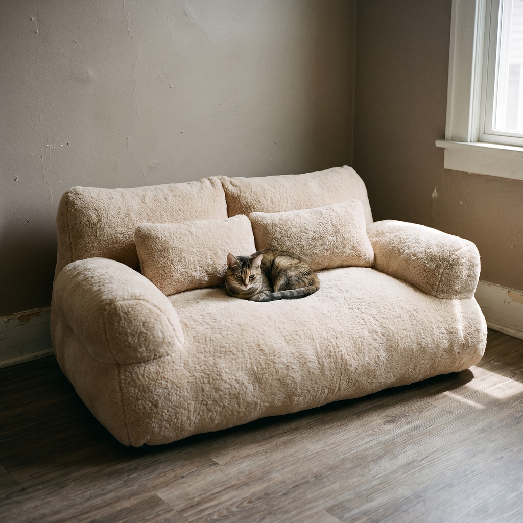 Cream plush cushioned pet sofa bed in a living room - wrenwood hero