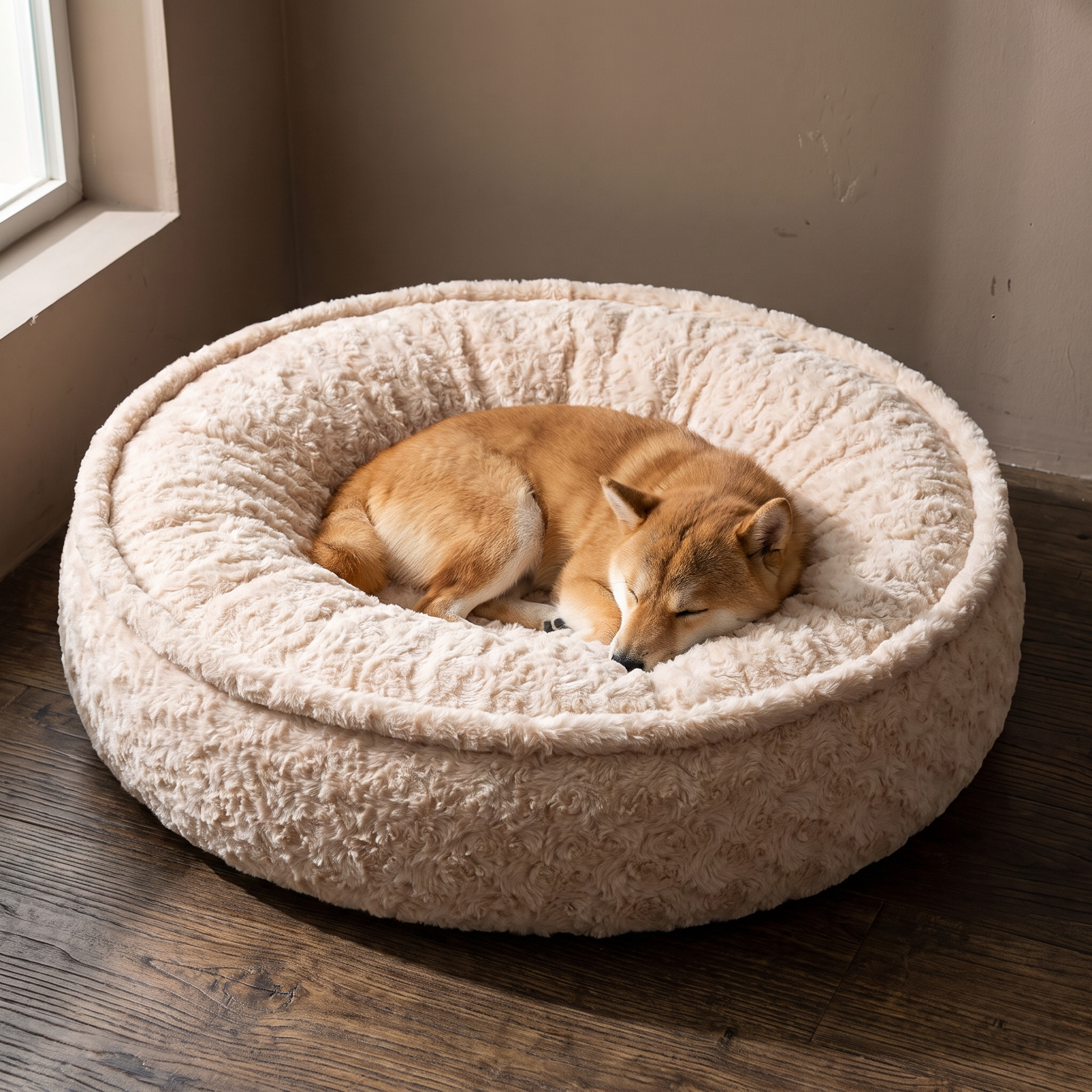 Cream plush round donut cuddler pet bed in a bedroom with a small dog curled inside - wrenwood hero